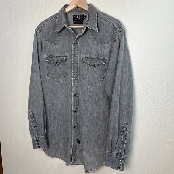Vintage RRL Ralph Lauren Mens Gray Western Denim Shirt Size Medium Pearl Snap - Picture 3 of 16